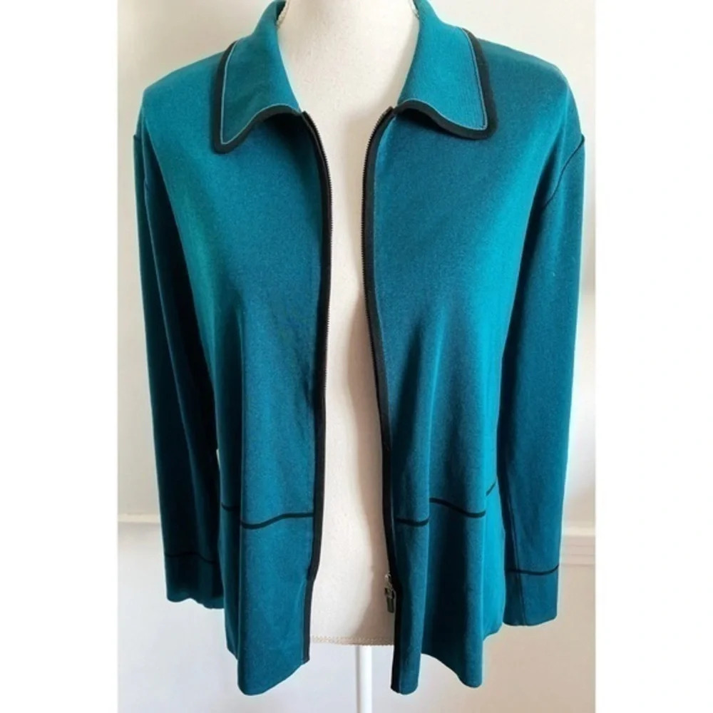 Exclusively Misook • Teal Black Zip Up Cardigan